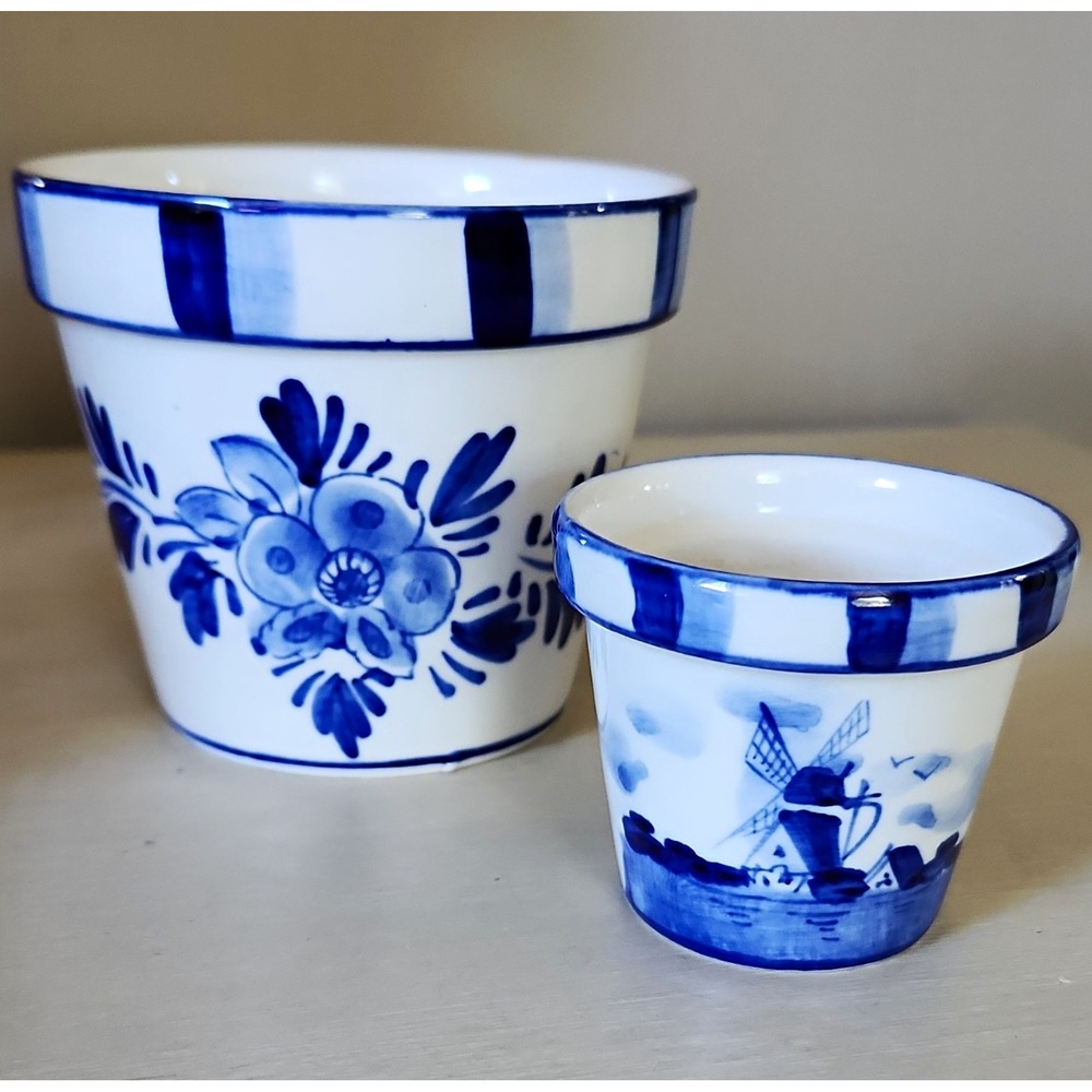 Vntage Elesva Holland Delft Blue ceramic flower pots  hand-painted